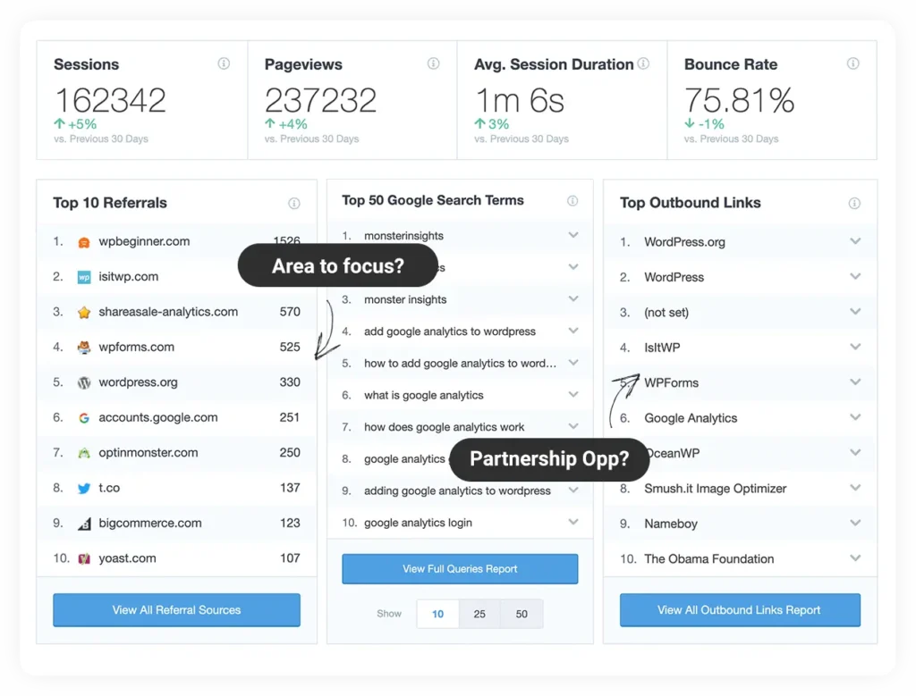 MonsterInsights analytics reports inside the WordPress dashboard